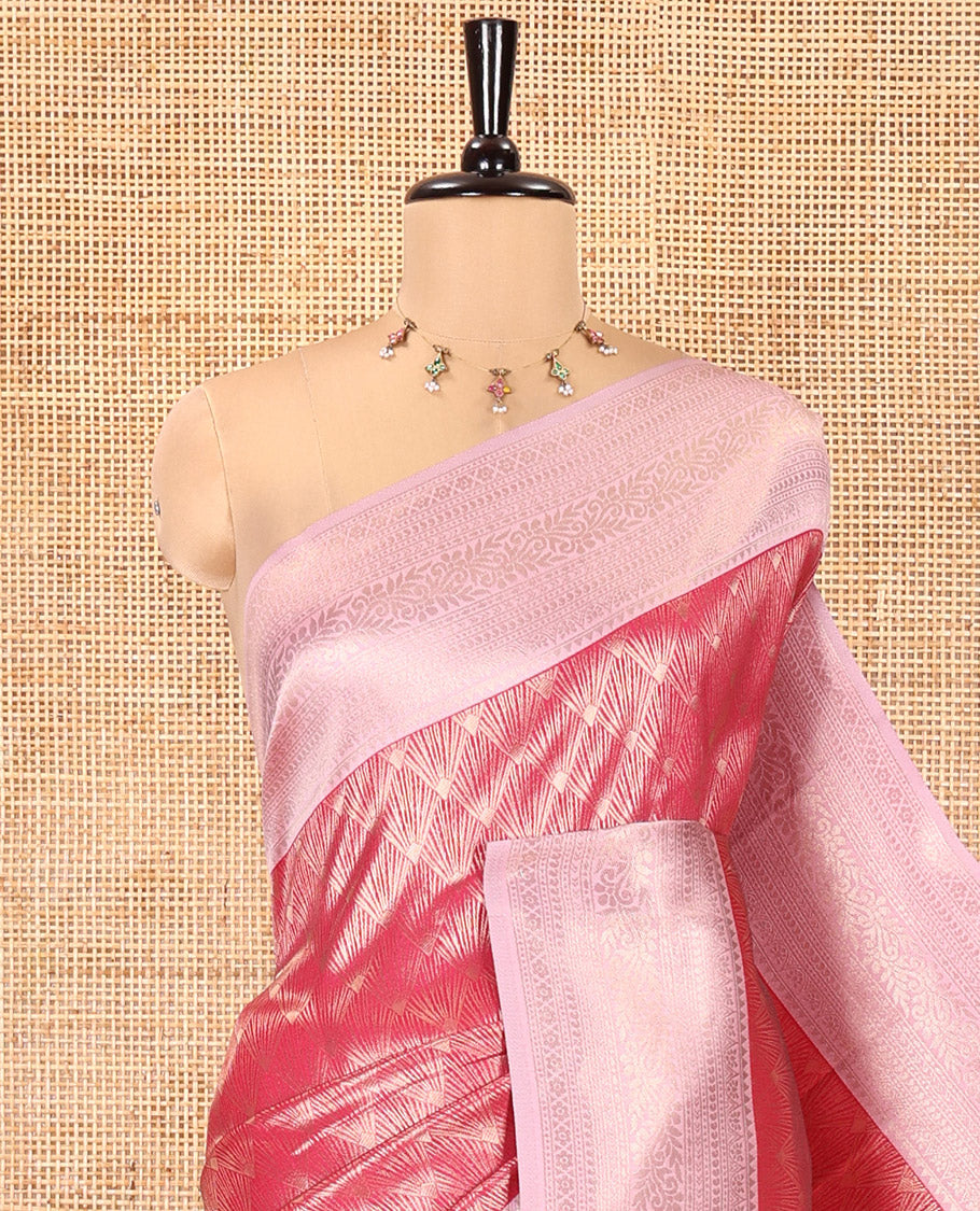 Rani Pink Kanchi Silk Saree, Elegantly Bedecked with Jacquard Design on Its Body, Complemented by a Contrast Traditional Zari Design Border, Sparsely Woven Pallu, and Paired with a Contrast Blouse
