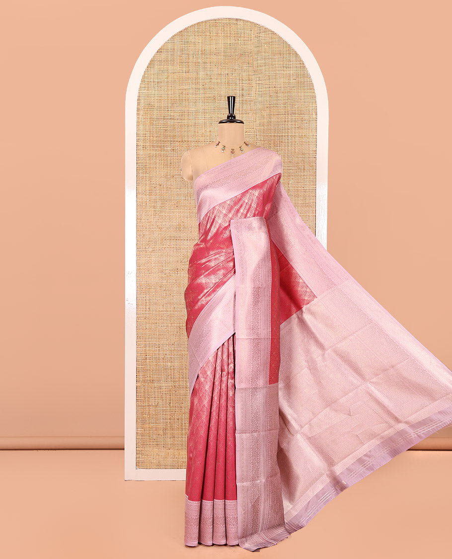 Rani Pink Kanchi Silk Saree, Elegantly Bedecked with Jacquard Design on Its Body, Complemented by a Contrast Traditional Zari Design Border, Sparsely Woven Pallu, and Paired with a Contrast Blouse