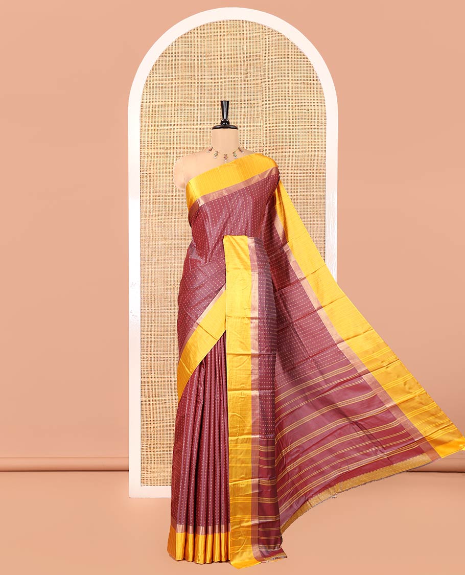 Maroon Kanchi Soft Silk Saree, Steeped with Plus-Size Buttas All Over Its Body, Complemented by a Contrast Border, Subtly Striped Pallu, and Paired with a Contrast Blouse