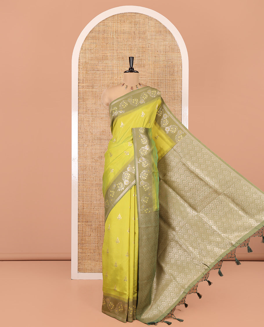 Green Elite Soft Silk Saree, Beautified with Zari Buttas, Complemented by Contrast Meenakari Floral Creeper Border, Intricate Pallu, and a Contrast Blouse