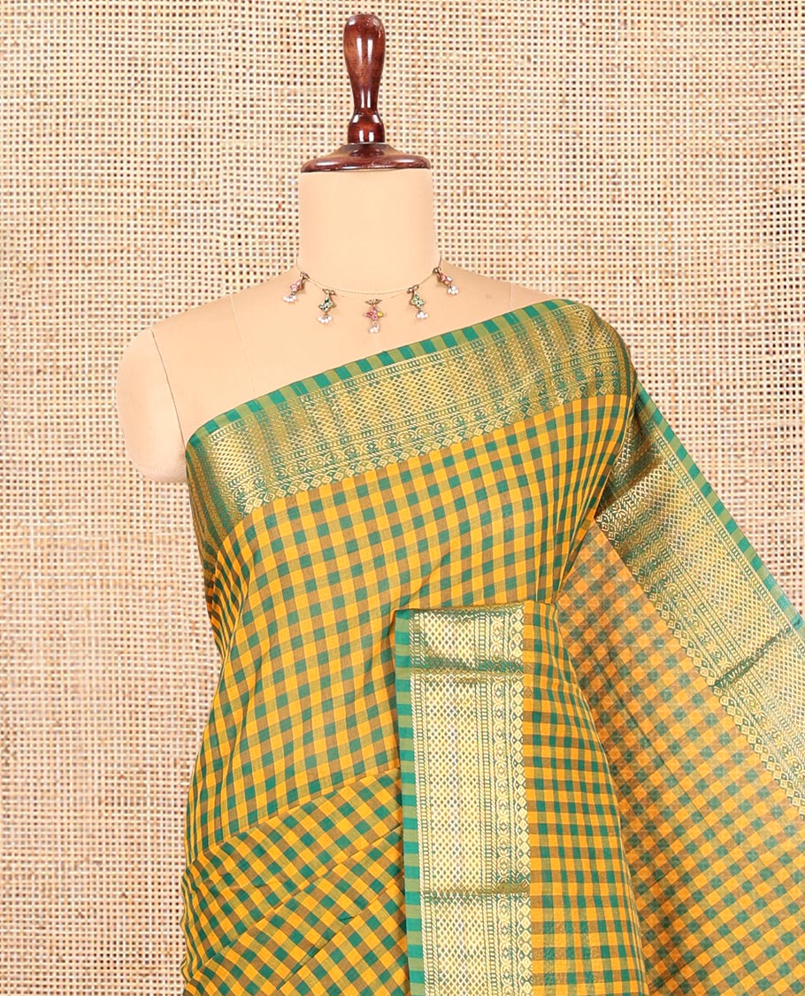 Mustard-Green Chettinad Cotton Saree, Elevated with Vintage Checks, Contrast Traditional Border, Striped Pallu, and a No Blouse