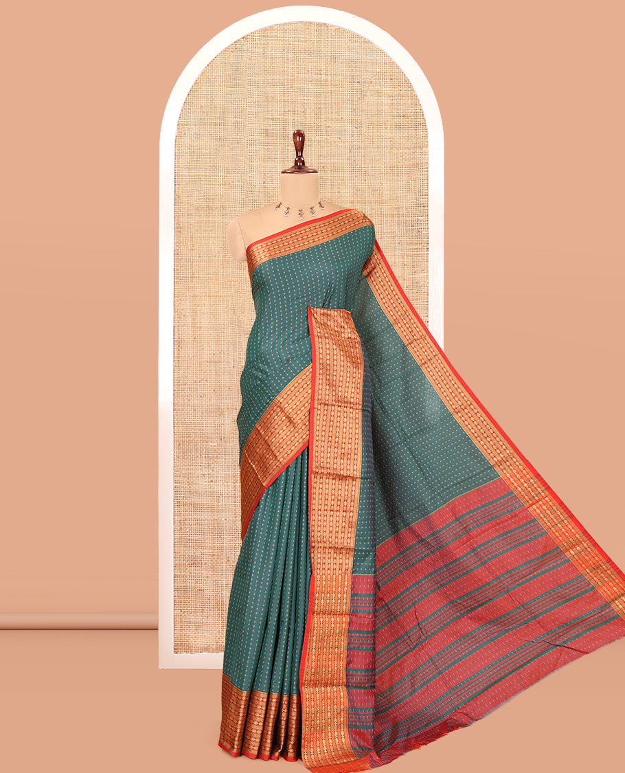 Green-Red Semi-Soft Silk Saree, Adorned with Plus-Shaped Buttas, Complemented by a Contrast Border, Striped Pallu, and a Contrast Blouse