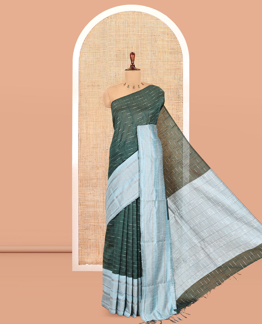 Green Semi-Raw Silk Saree, Subtly Sparkled with Thread Stripes, a Contrast Traditional Zari Border, Checked Pallu, and a Contrast Blouse
