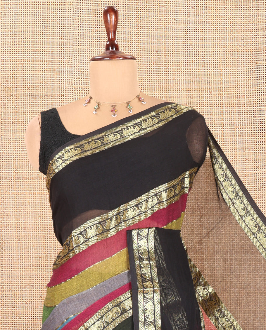 Black Khadi Mul Cotton Saree