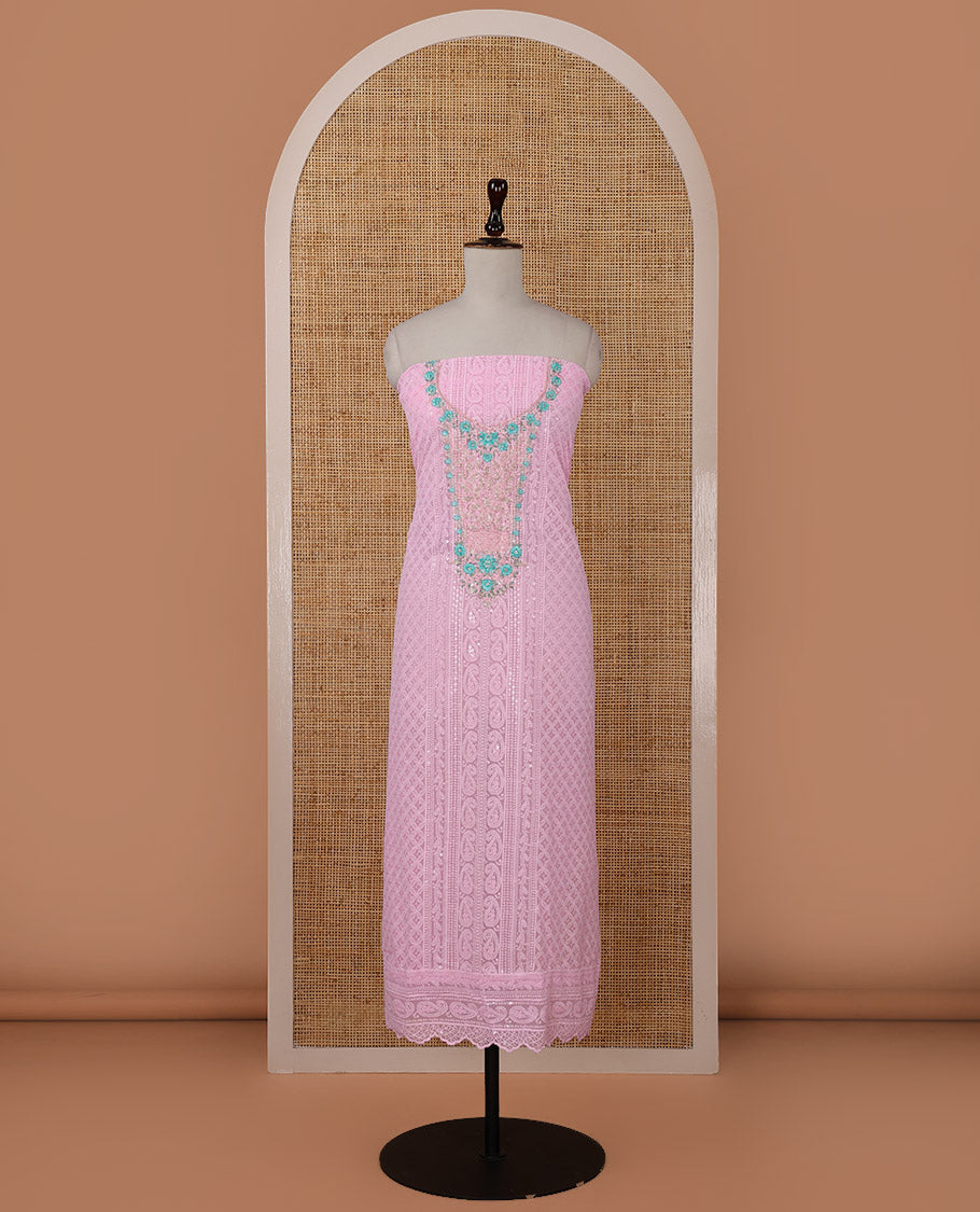 Pink chudidar material set,Lucknowi Chikankari embroidered & neckwork georgette top,crepe plain bottom, & chiffon plain dupatta