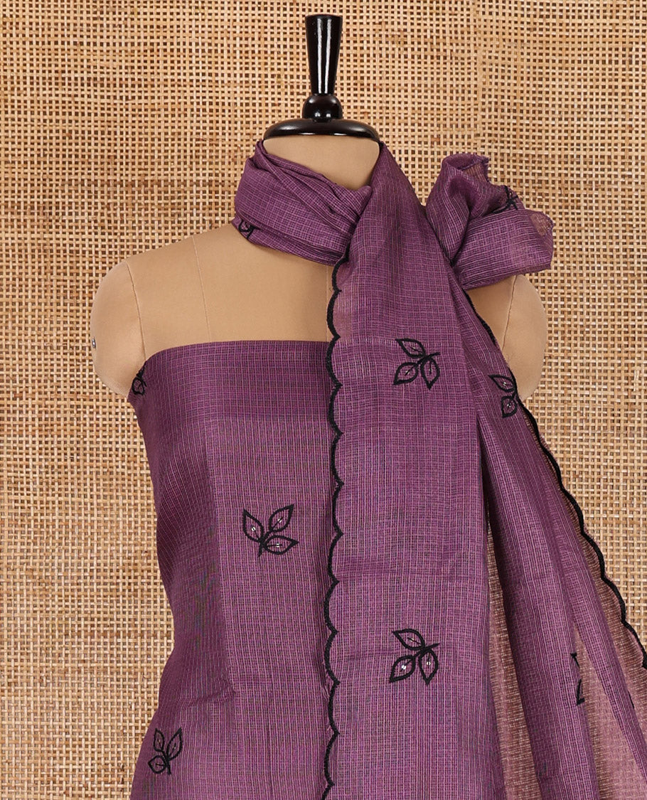 Purple material chudidar set, leaf-floral motifs thread and sequins embroidered kota cotton top, a matching bottom, and a leaf motifs thread and sequins embroidered dupatta