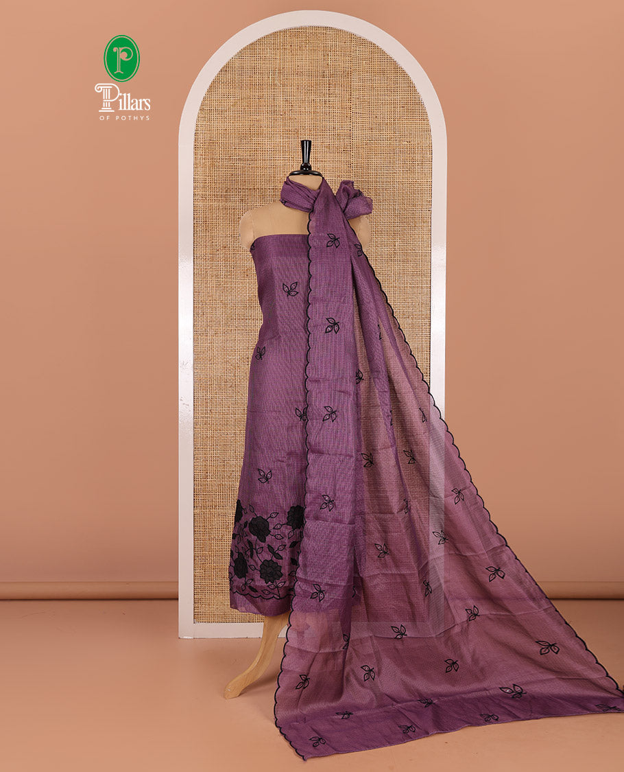 Purple material chudidar set, leaf-floral motifs thread and sequins embroidered kota cotton top, a matching bottom, and a leaf motifs thread and sequins embroidered dupatta