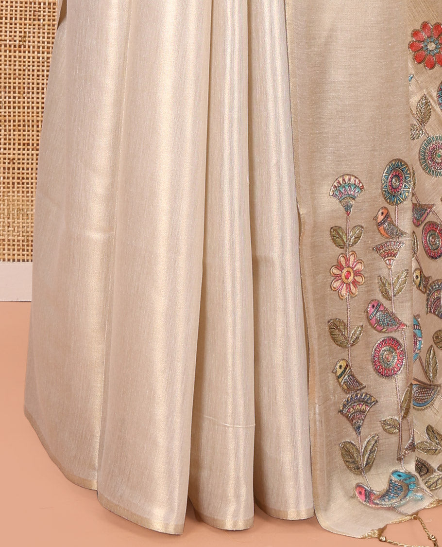 Borderless Off-White Tissue Saree, Enthralled with Colorful Floral-Bird Motif Printed with Outline Embroidery on Its Body, and Paired with a Readymade Elbow-Sleeve Round-Neck Blouse