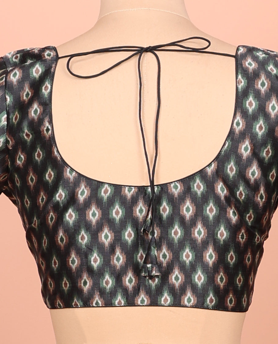 Black Readymade Blouse Featuring Ikat Print, a Front Round-Neck, Back Round-Neck, and Half-Sleeves