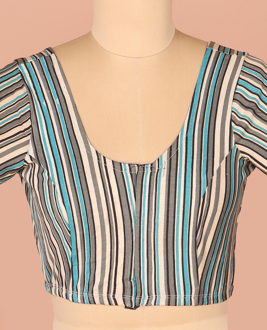 Multi-Color Readymade Blouse Subtly Printed with Stripes, Featuring Front Round Neck, Back Round Neck, and Elbow Sleeves