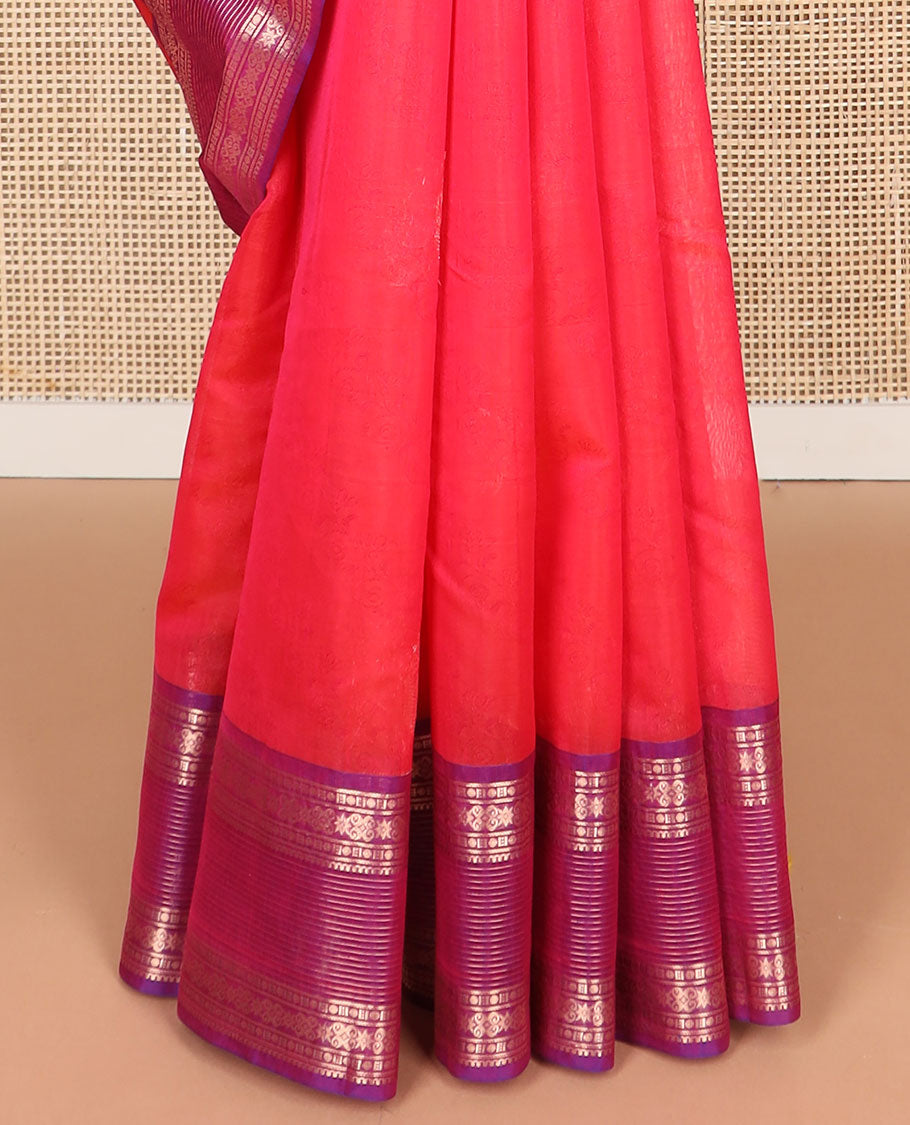 Red motifs silk cotton saree with contrast zari design border & floral design pallu
