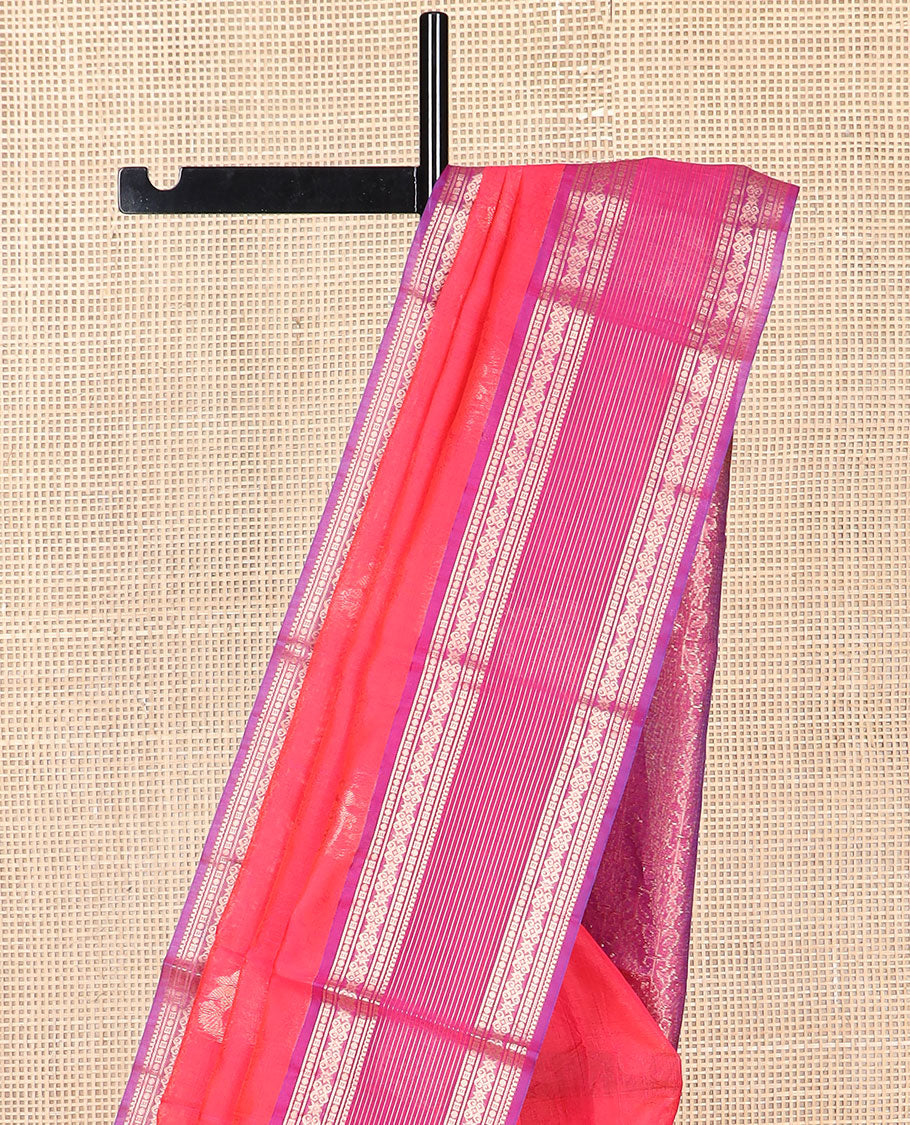 Red motifs silk cotton saree with contrast zari design border & floral design pallu