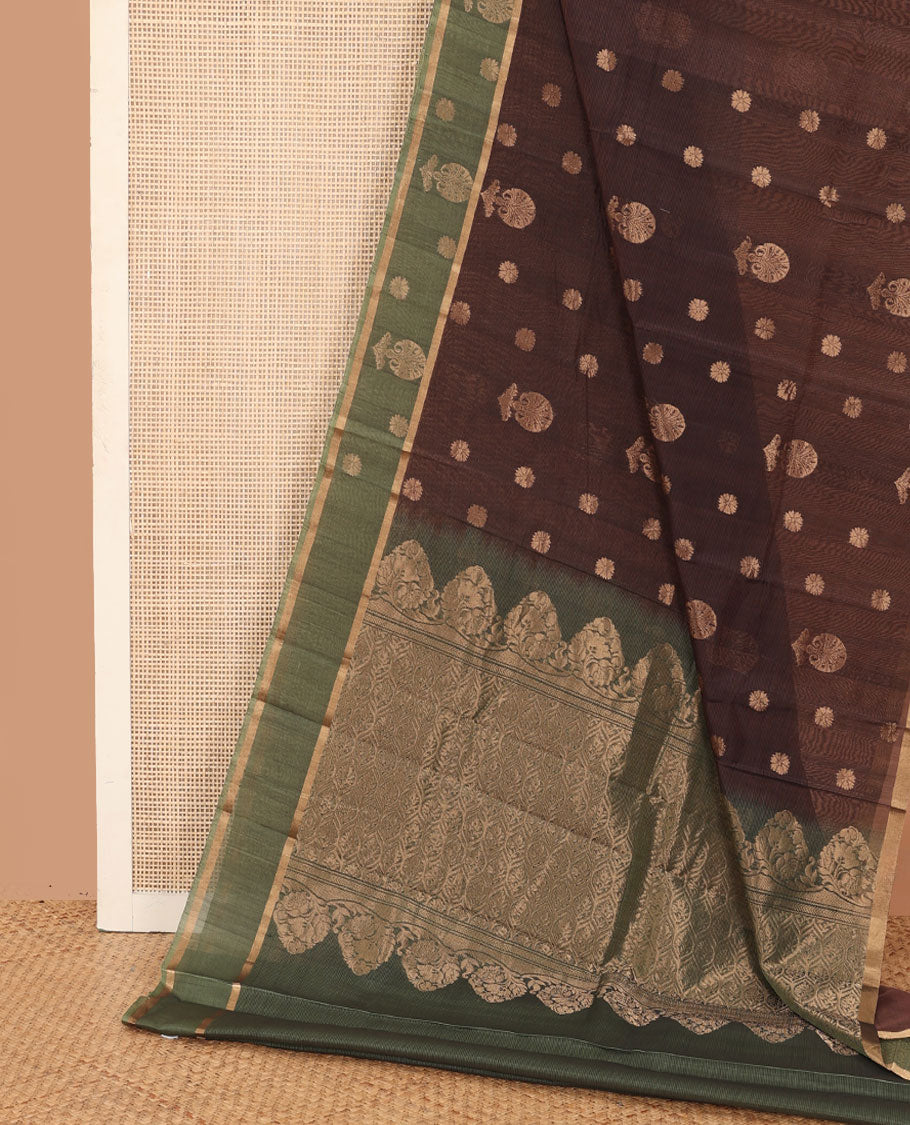 Brown floral zari buttas silk cotton saree, contrast zari buttas border and pallu of intricate Mughal style ogee patterns weave
