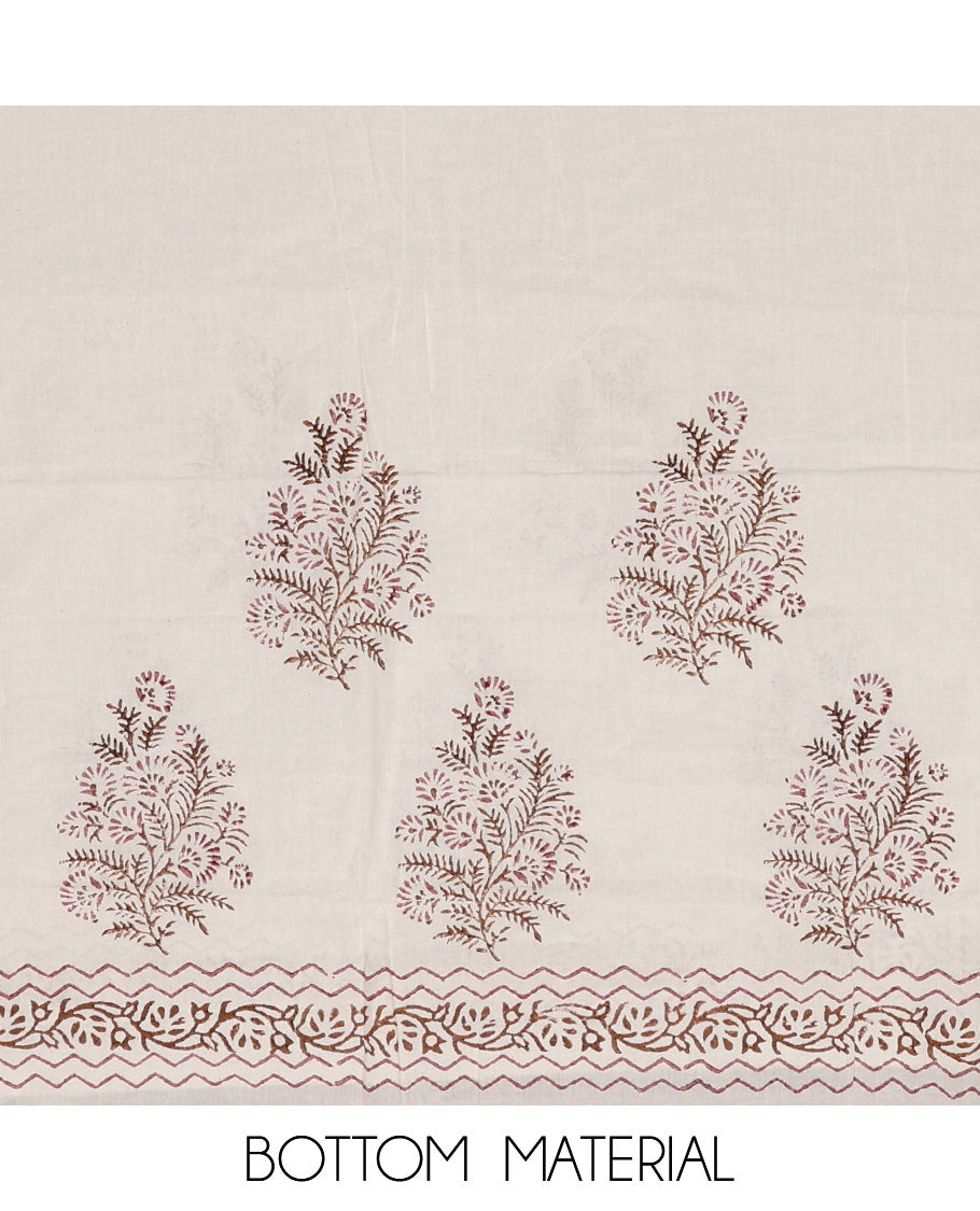 Terracotta red material chudidar set, floral vine printed with neck embroidered top, contrast plain bottom, and block printed dupatta