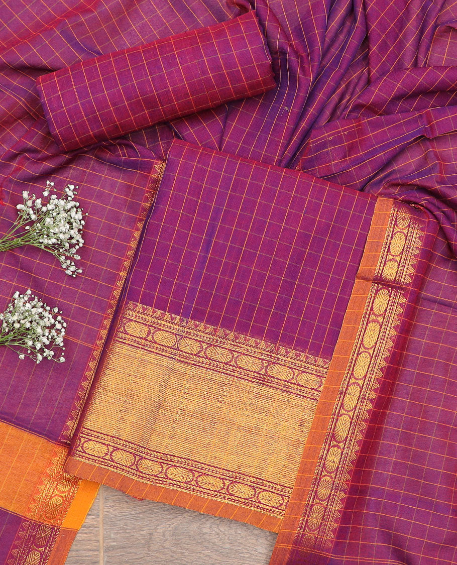 Purple checked, intricate zari design chudidhar material top with plain bottom & checked, intricate zari design border dupatta