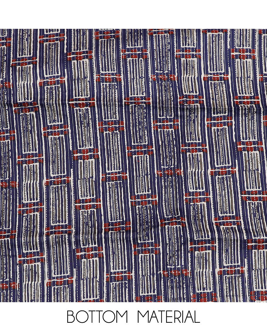 Blue material chudidar set, batik leheriya striped with mirror embroidered top, printed bottom and batik printed dupatta