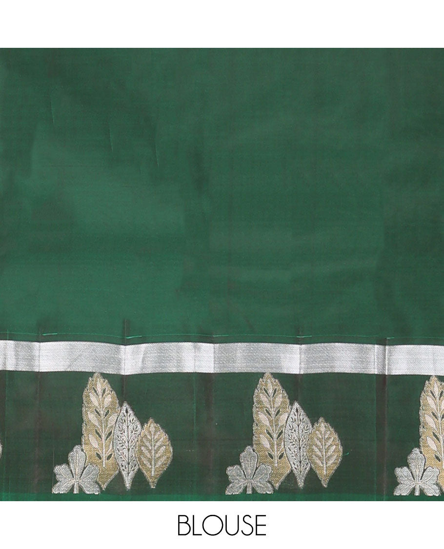Grey vasundhara elite silk saree with zari buttas, contrast zari border of floral & leaf designs, & pallu steeped with leaf motifs