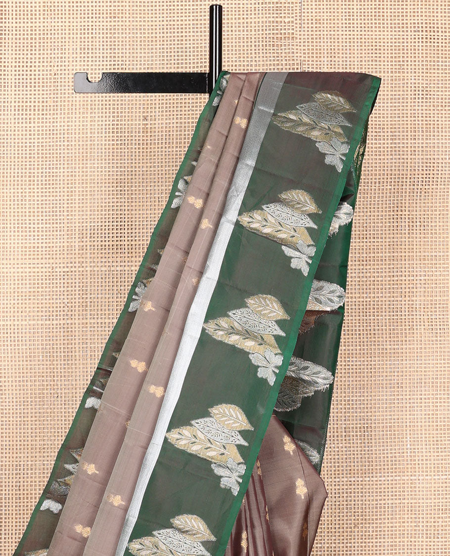Grey vasundhara elite silk saree with zari buttas, contrast zari border of floral & leaf designs, & pallu steeped with leaf motifs