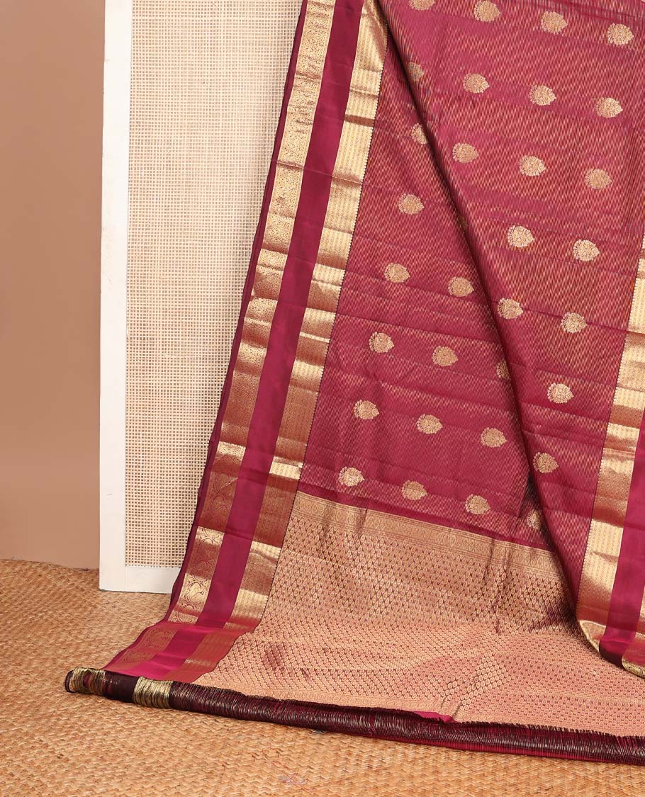 Maroon zari buttas Vasundhara silk mix saree, traditional design rettai pettu zari border & leaf motifs steeped pallu