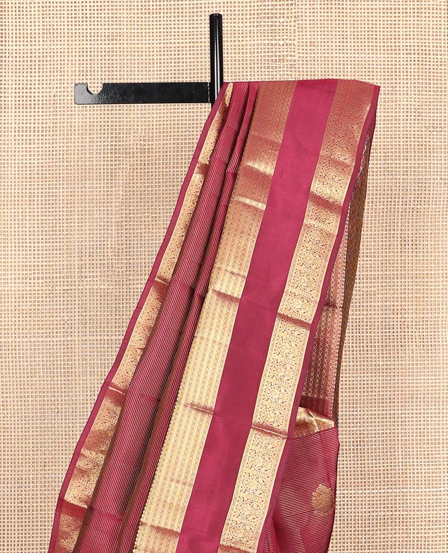 Maroon zari buttas Vasundhara silk mix saree, traditional design rettai pettu zari border & leaf motifs steeped pallu