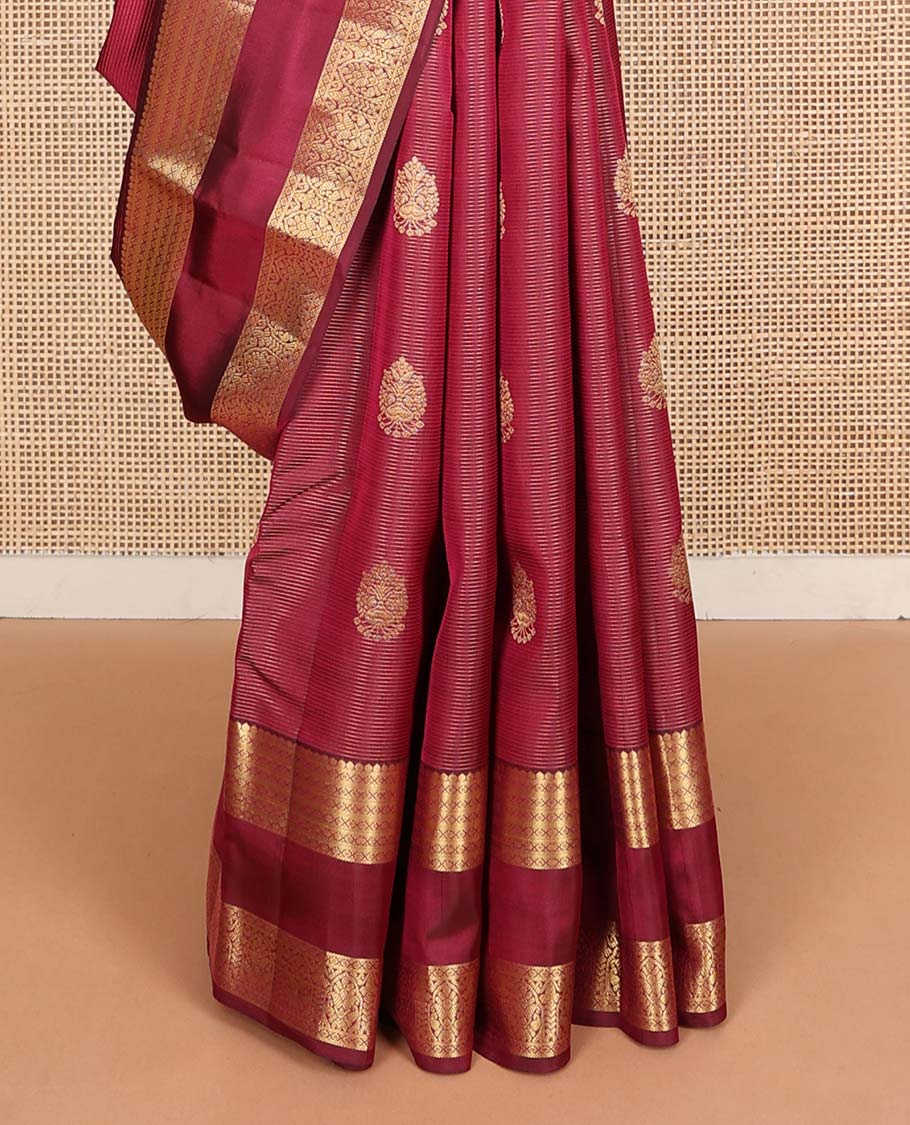 Maroon zari buttas Vasundhara silk mix saree, traditional design rettai pettu zari border & leaf motifs steeped pallu