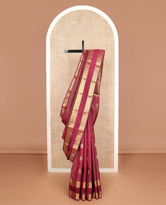 Maroon zari buttas Vasundhara silk mix saree, traditional design rettai pettu zari border & leaf motifs steeped pallu