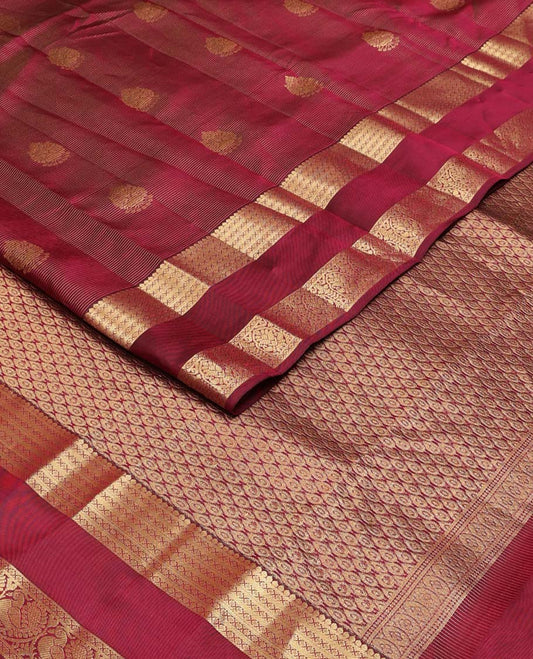 Maroon zari buttas Vasundhara silk mix saree, traditional design rettai pettu zari border & leaf motifs steeped pallu