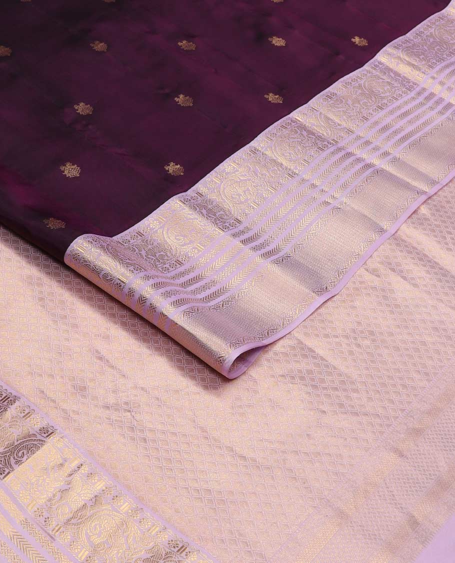 Purple zari buttas Vasundhara silk mix saree, contrast border of kamalam, kodi yaanai, kuthirai, kathir, and zari designs, and jaal pallu