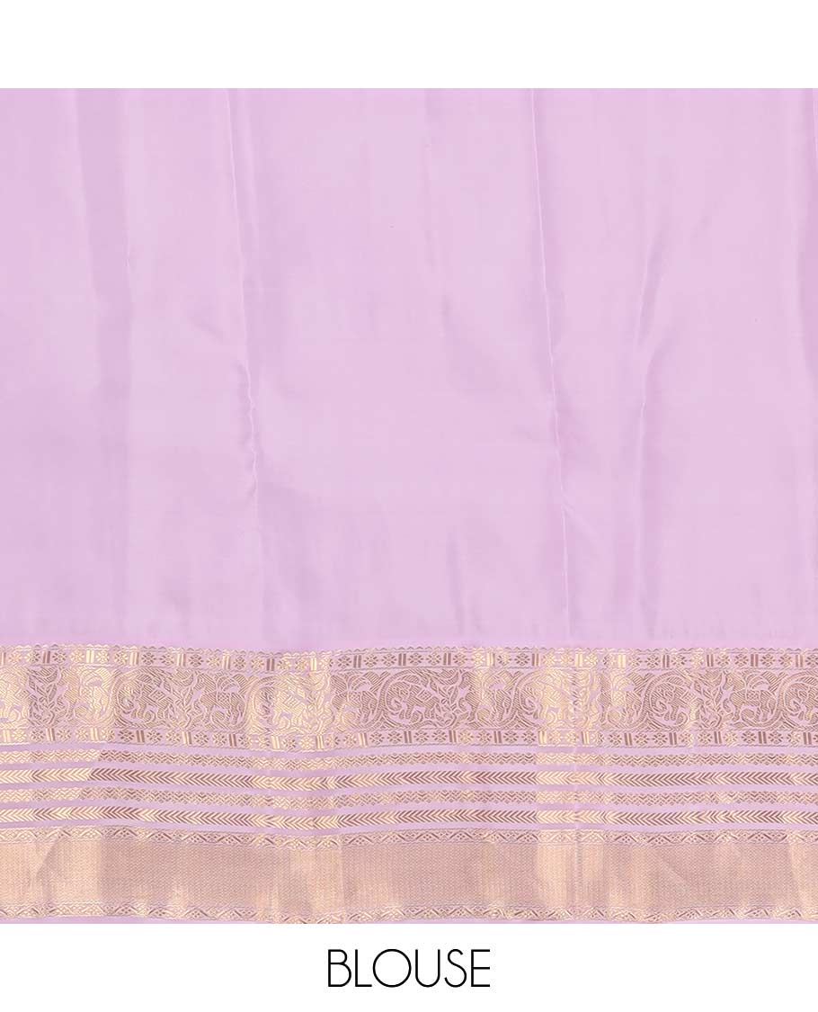 Purple zari buttas Vasundhara silk mix saree, contrast border of kamalam, kodi yaanai, kuthirai, kathir, and zari designs, and jaal pallu