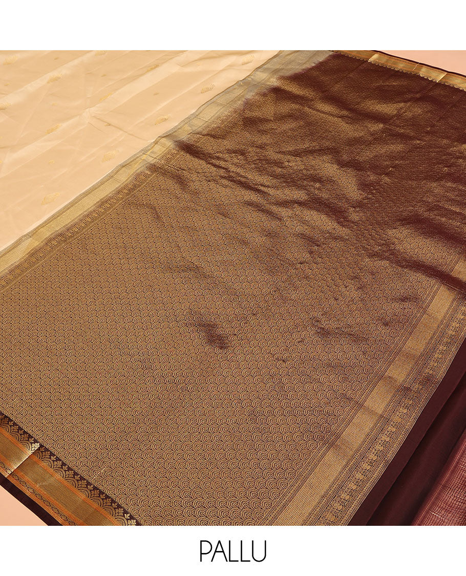 Sandal Vasundhara Lite Silk Mix Saree, Beautified with Zari Buttas on Its Body, Complemented by a Contrast Border of Kathir, Vanki, and Diamond Designs, Grand Scallop Design Pallu, and Paired with a Contrast Blouse