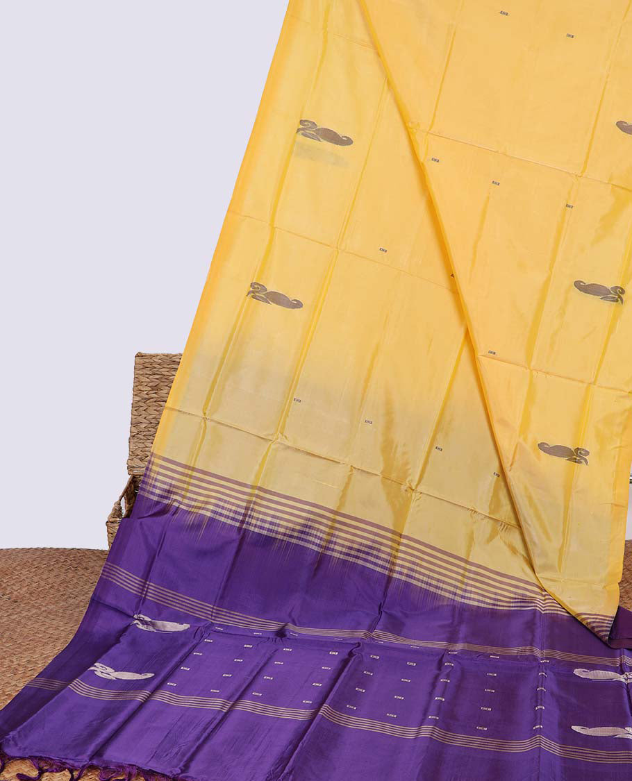 Borderless yellow floral motifs banana pith saree & striped, floral motifs pallu