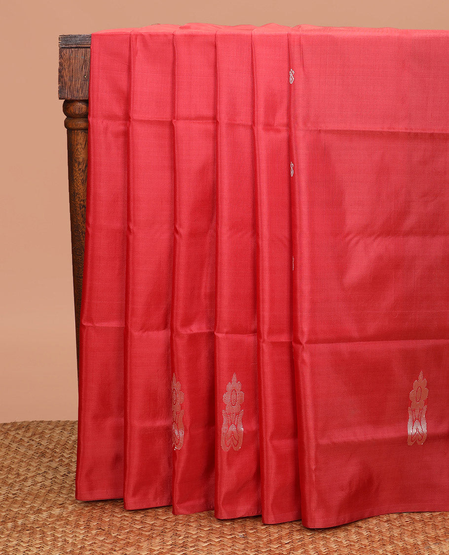 Borderless Red Banana Pith Saree, Vibrantly Woven with Buttas All Over Its Body, Complemented by a Contrast Pallu of Buttas, and Paired with a Contrast Blouse