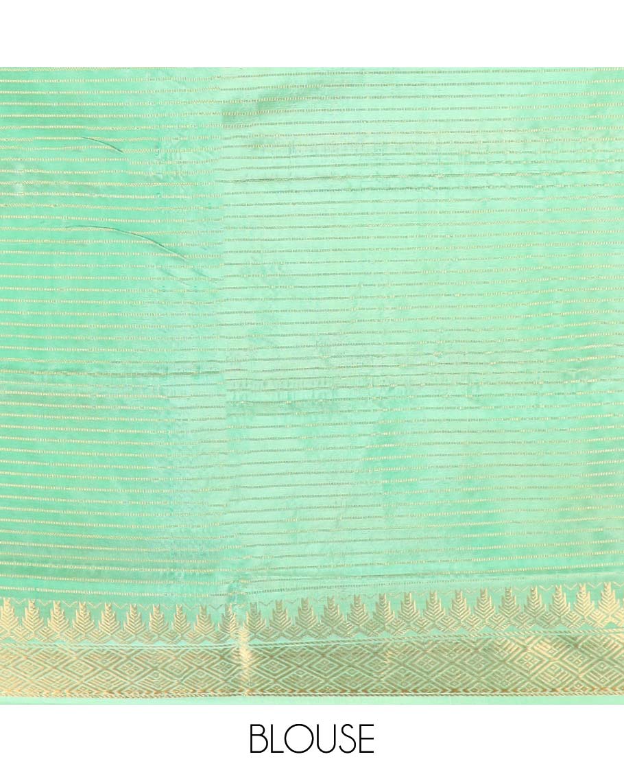 Grey striped banana pith saree with contrast zari design border & checked pallu