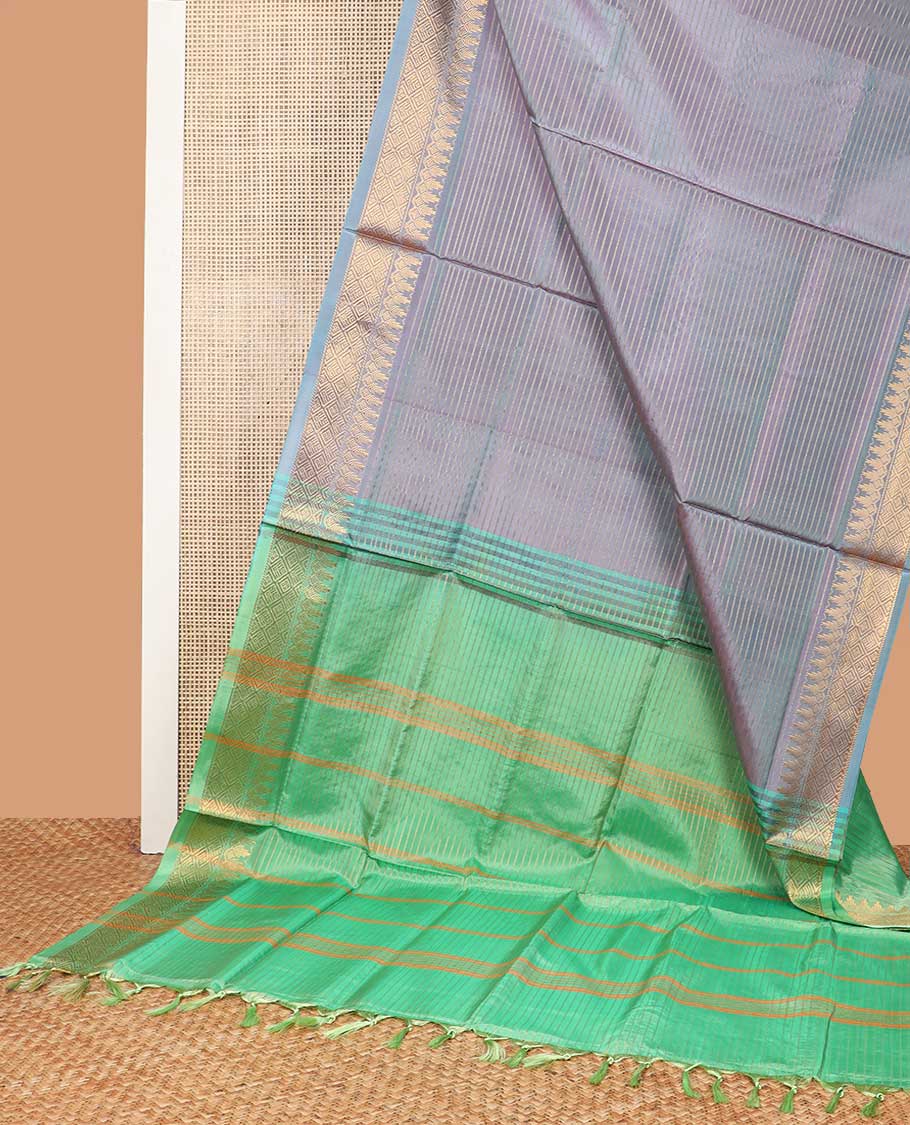Grey striped banana pith saree with contrast zari design border & checked pallu