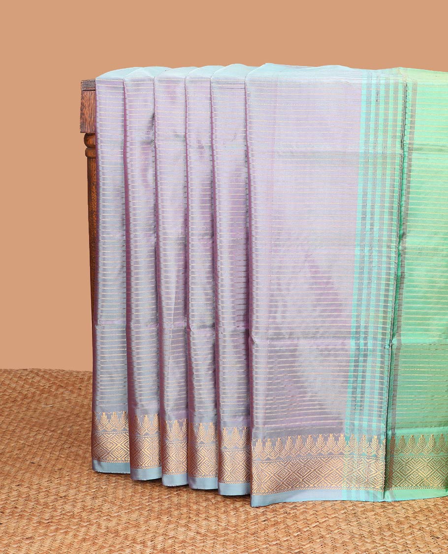 Grey striped banana pith saree with contrast zari design border & checked pallu