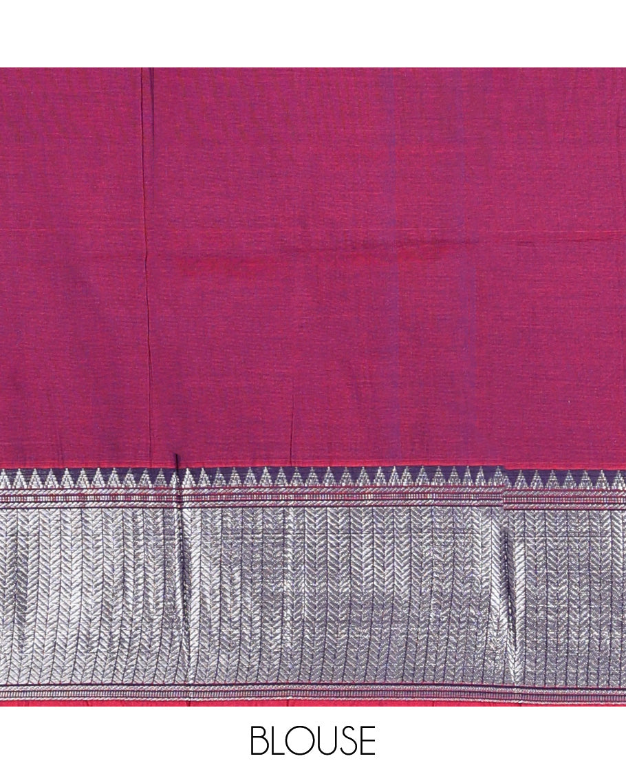 Purple cotton half-saree, plain with contrast geometric bordered skirt, matching blouse, and contrast geometric bordered dhavani