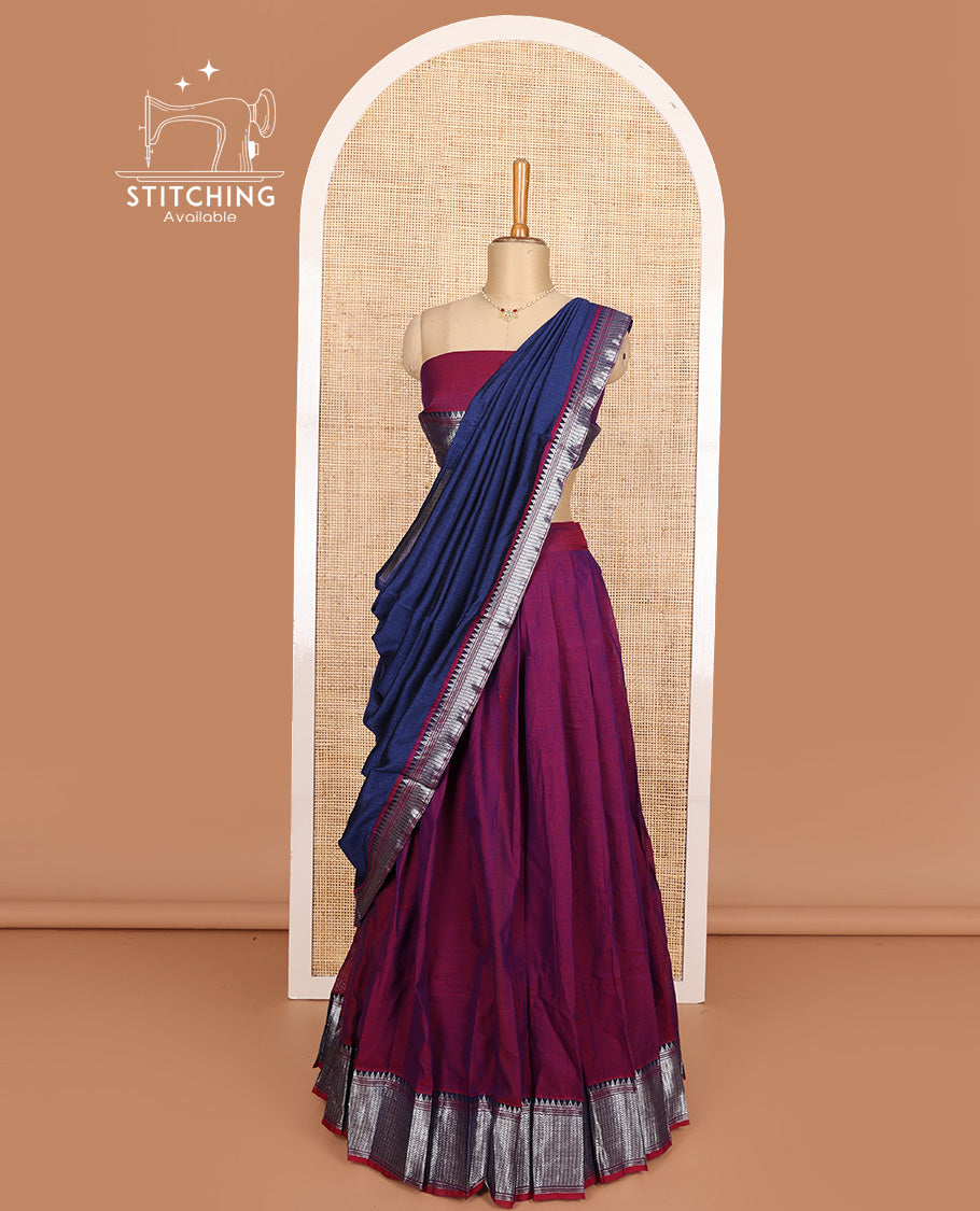 Purple cotton half-saree, plain with contrast geometric bordered skirt, matching blouse, and contrast geometric bordered dhavani
