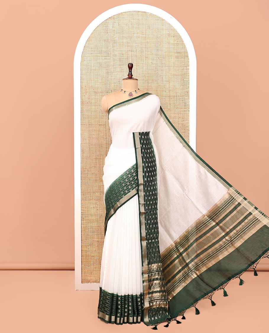 White Plain Assam Silk Saree, Complemented by a Contrast Traditional Zari Border, Zari-Design Pallu, and a Contrast Blouse