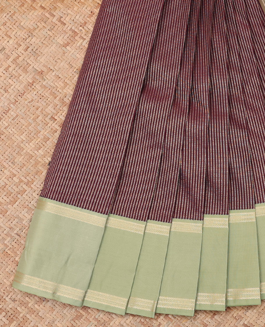Maroon Budget Silk Saree, Embellished with Zari Stripes, a Contrast Rettai Pettu Border, Striped Pallu, and a Contrast Blouse