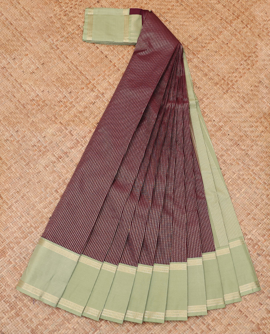 Maroon Budget Silk Saree, Embellished with Zari Stripes, a Contrast Rettai Pettu Border, Striped Pallu, and a Contrast Blouse
