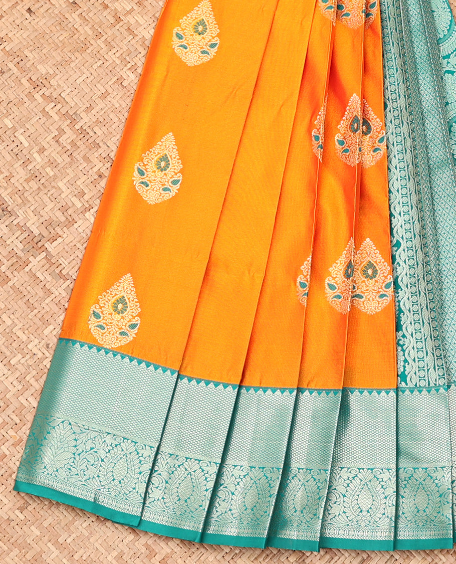 Orange Budget Silk Saree, Spotlighted with Meena Buttas All Over Its Body, Complemented by Contrast Traditional Zari Border, Geometric Patterned Pallu and Paired with a Contrast Blouse
