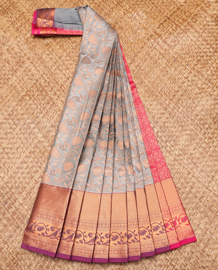 Grey Budget Silk Saree, Featuring Jacquard Design, Contrast Traditional Zari Border, Grand Jaal Pallu, and a Contrast Blouse