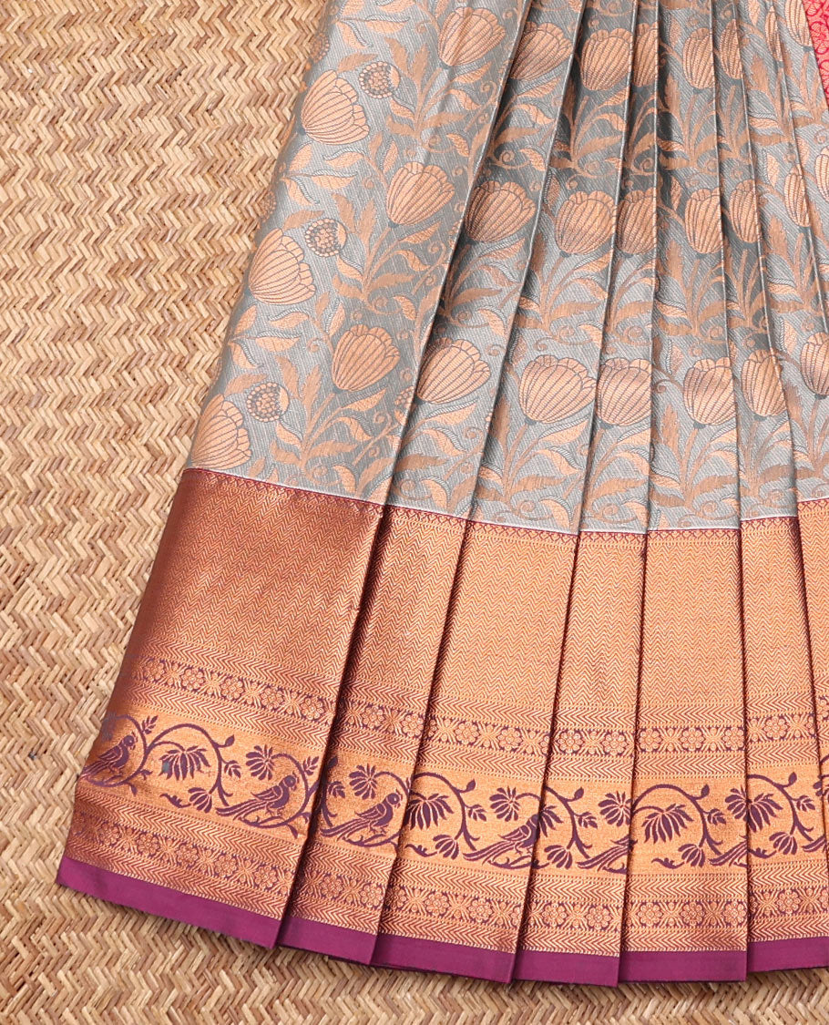 Grey Budget Silk Saree, Featuring Jacquard Design, Contrast Traditional Zari Border, Grand Jaal Pallu, and a Contrast Blouse