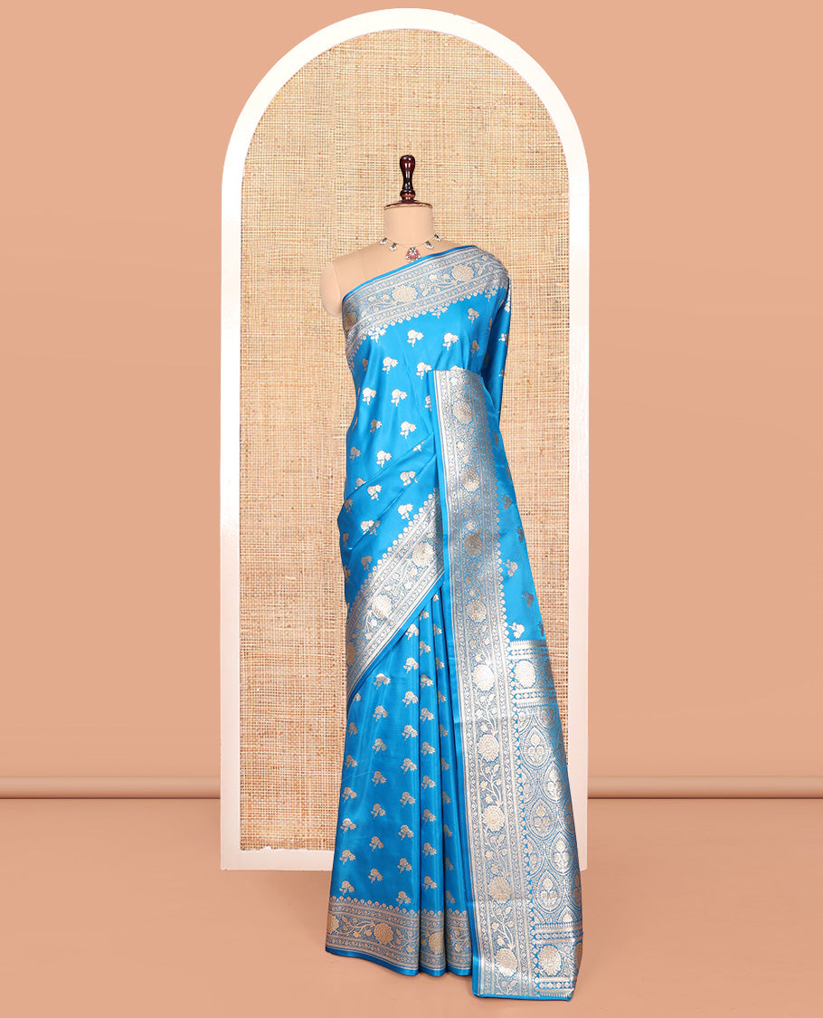 Blue Banarasi Nylon Saree, Graced with Buttas, Floral Creeper Zari Border, Intricate Pallu, and a Matching Blouse