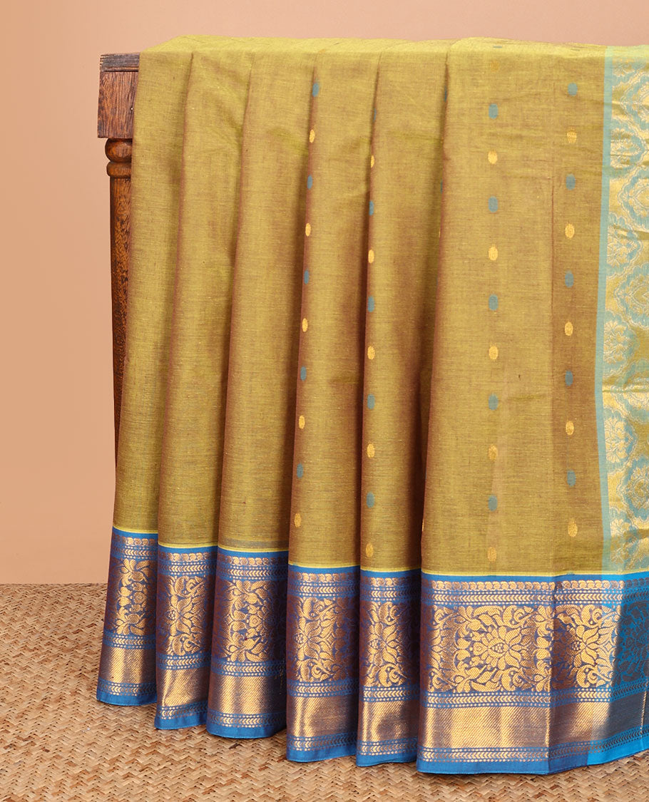 Green thread buttas Venkatagiri cotton saree, contrast zari floral design border, and jaal pallu