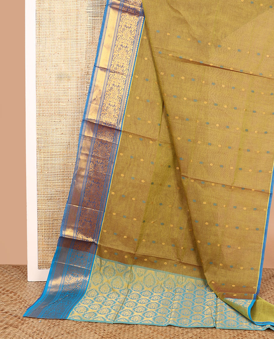 Green thread buttas Venkatagiri cotton saree, contrast zari floral design border, and jaal pallu