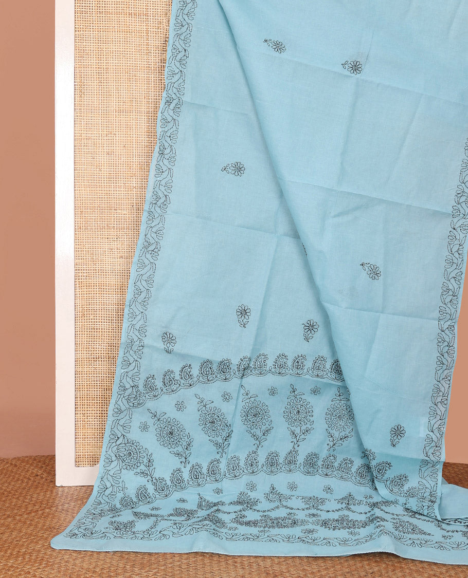 Blue Lucknowi Chikankari Cotton Saree, Detailed with Floral Motifs Embroidery on Its Body, Subtle Floral Vine Embroidery Border, Pallu of Floral-Paisley Embroidery, and Comes Without a Blouse