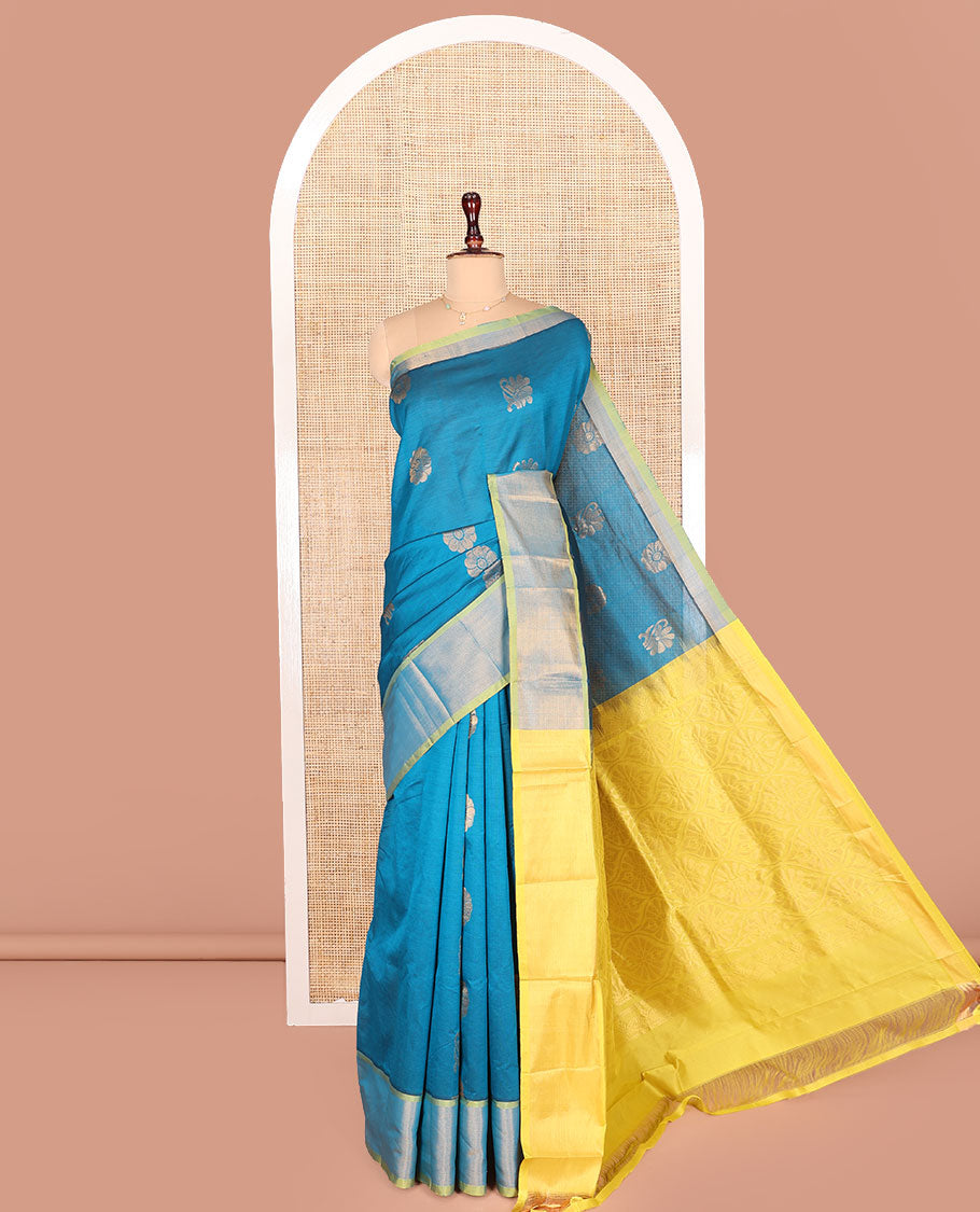 Blue Kuppadam Cotton Saree, Beautified with Zari Buttas on Its Body, Highlighted by Bavanji Zari Border, Complemented by Contrast Ogee Patterned Pallu, and Paired with a Contrast Blouse