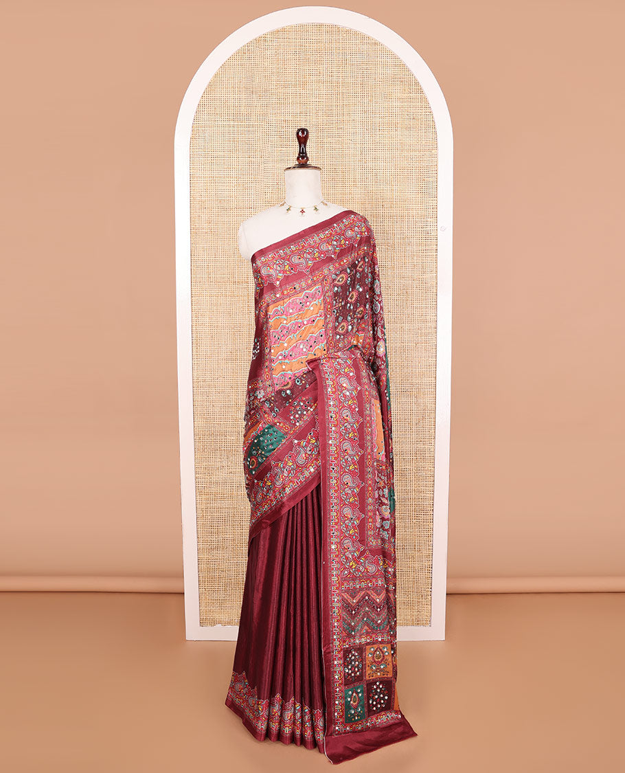 Multi-color printed, mirror work synon silk saree with printed border & printed rich pallu along with plain blouse