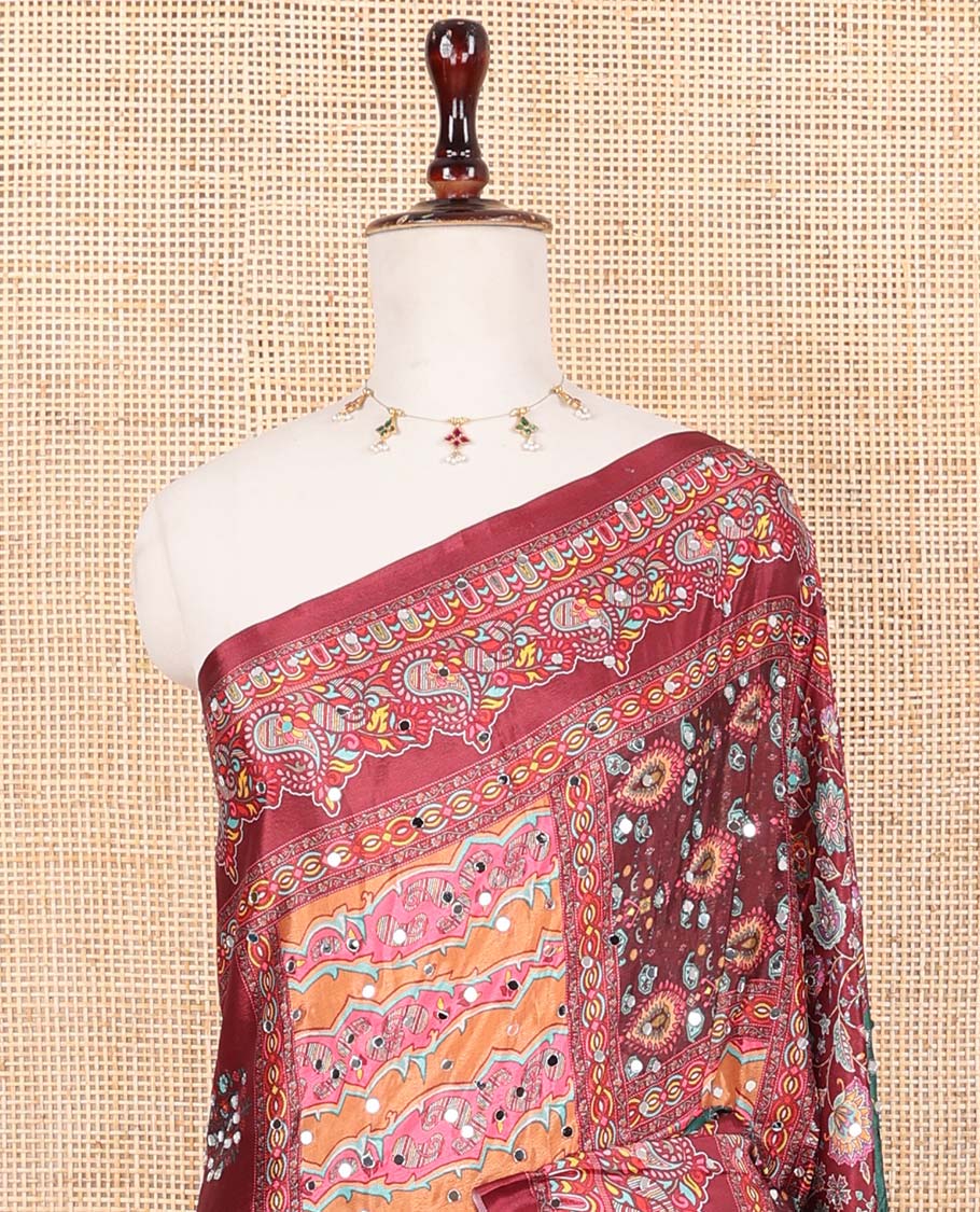 Multi-color printed, mirror work synon silk saree with printed border & printed rich pallu along with plain blouse